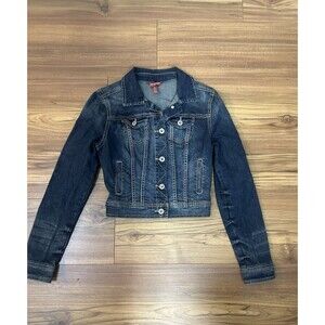 Arizona Jeans Cropped Denim Jacket Womens XS Dark Wash Fitted Y2K Casual